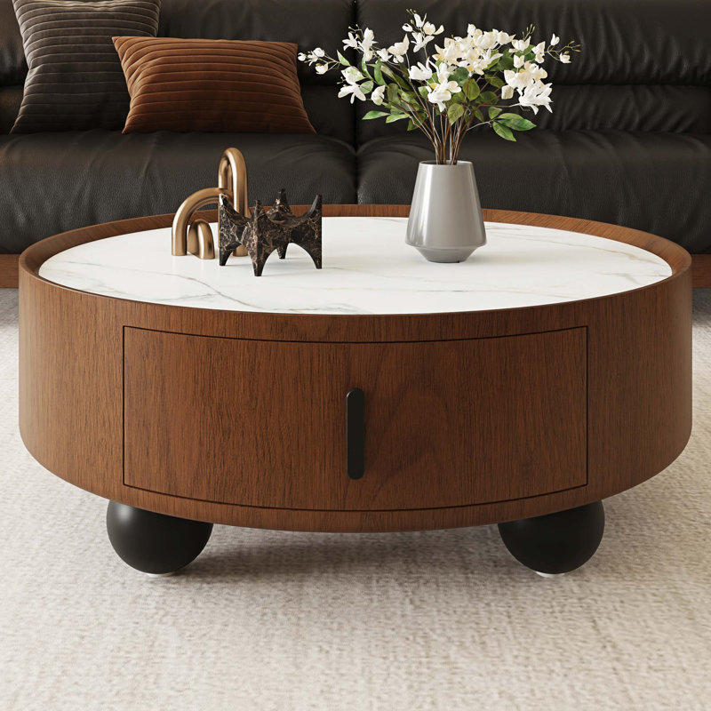 Table basse Mid-Century moderne avec rangement caché et plateau en pierre