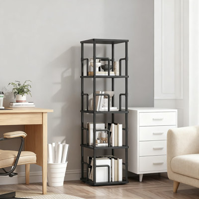 Bibliothèque rotative à 4 niveaux, bibliothèque d'angle pivotante à 360 ° avec rails en métal, support de rangement industriel autoportant pour salon, chambre à coucher, bureau
