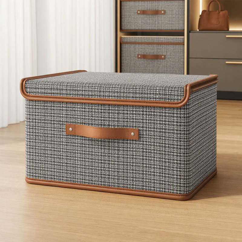 Bac de rangement pliable en tissu avec couvercle, boîte de rangement pliable d'aspect lin avec poignée en cuir pour rangement pour garde-robe, chambre à coucher, chambre de dortoir