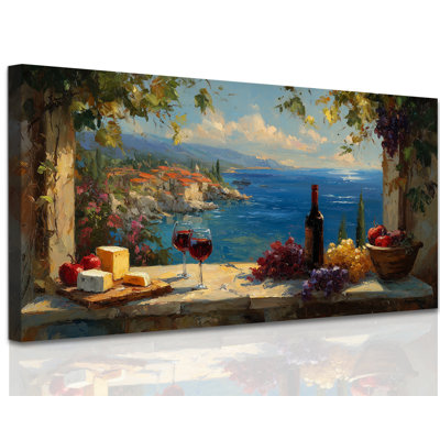  Vin, art mural de fromage méditerranéen rustique, impression de vin vibrant, impression sur toile de cuisine côtière, peinture de bar de salle à manger, 12 x 24 pouces