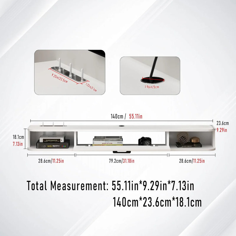 55.12" White Slim Floating TV Stand – Wall Mounted Plywood Media Console for 50–60" TVs with Storage, White