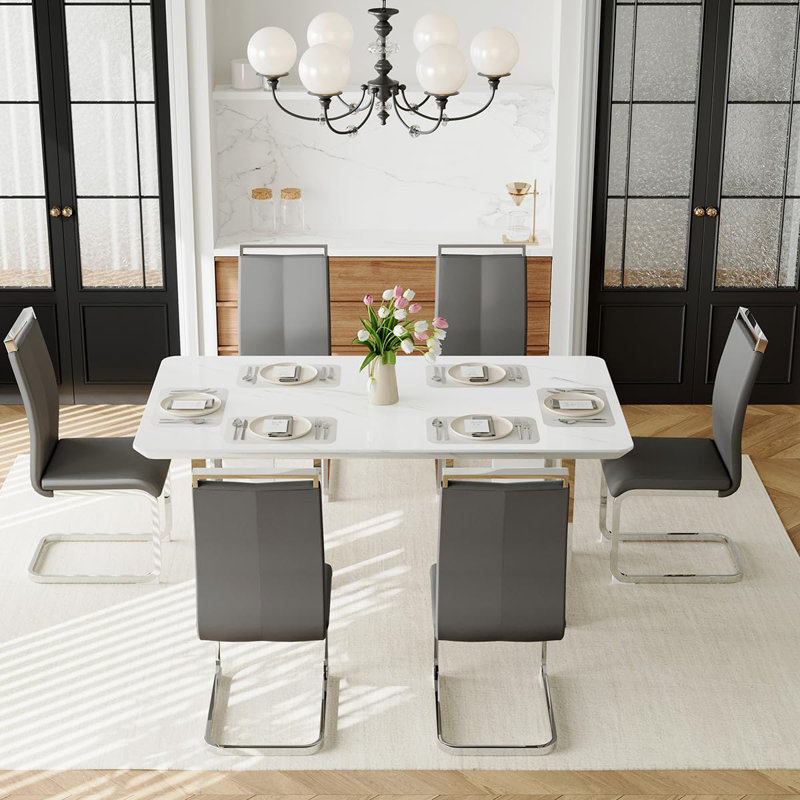 Ensemble de table de salle à manger blanc pour 6 personnes, ensemble de table de salle à manger de 63 po avec pieds chromés, ensemble de 6 tables de cuisine modernes et chaises pour la salle à manger, structure très brillante et robuste
