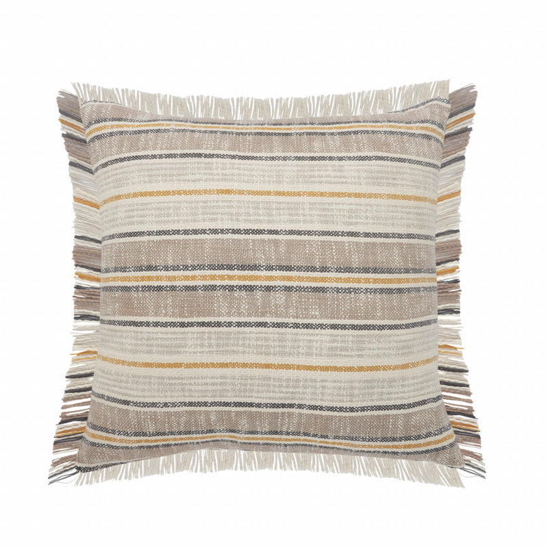 Coussin 100% coton rayé 20 po x 20 po taupe, jaune et bleu marine, Taupe / gris / jaune / rayé bleu marine