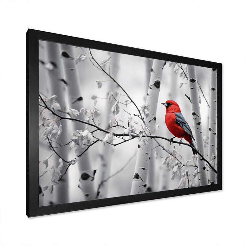 Martinella, oiseau rouge-gris en forêt II - impression, H 24 po x l 32 po x P 1 po, Cadre simple noir