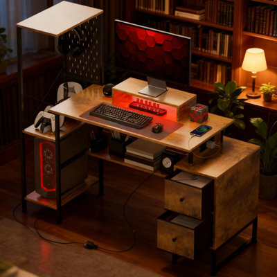 Bureau d'ordinateur, table d'ordinateur avec prises de courant et lumières DEL, pour la maison et le bureau