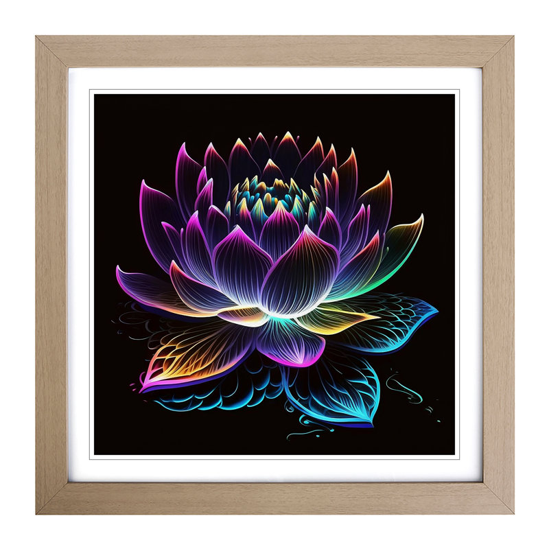 Lotus Flower Neon Art No.1 - Framed Print, Oak