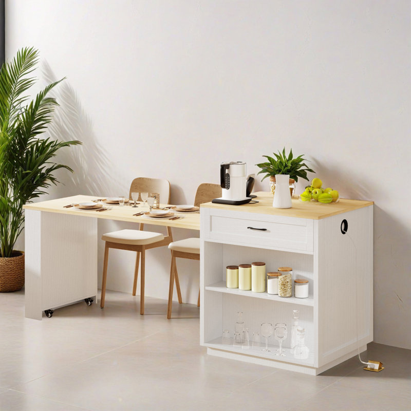 Îlot de cuisine 82,72 po avec table de salle à manger extensible pour 4 à 6 personnes, table de cuisine en similibable avec prise de courant pour la cuisine, la salle à manger