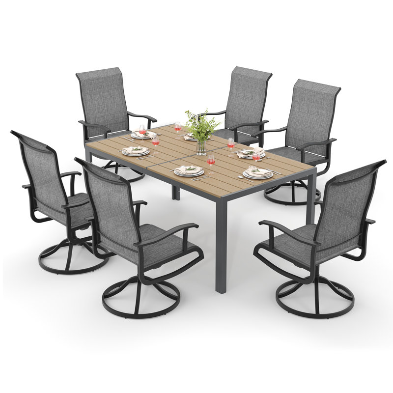 6 - Person Outdoor Patio Dining Set, Breathable Pvc-Coated Polyester Swivel Patio Chairs And Rectangular Dining Table, All Weather Dining Set For Lawn, Garden, Backyard