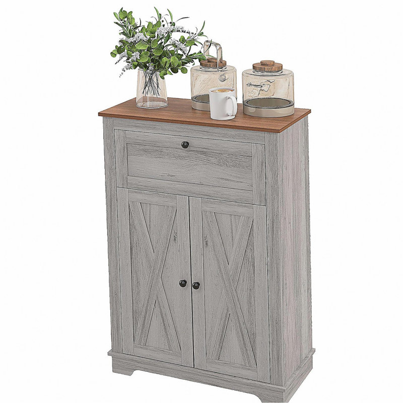 HOMCOM farmhouse barn door decorative cabinet, kitchen side cabinet storage cabinet, with double doors, drawers, and adjustable dividers, suitable for bedrooms, living rooms, light gray