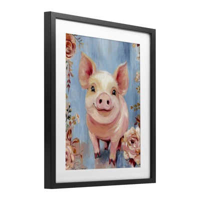 «Souriant cochon et fleurs», reproduction encadrée sous verre, design par Sara Culpepper