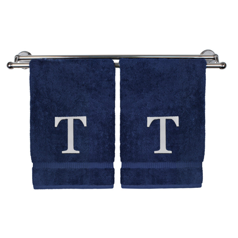 Essuie-mains monogrammés - ensemble de 2 - lettre bloc, Bleu marine/blanc, T