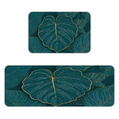 Teal Leaf With Gold Line, Kitchen Mats Set Of 2