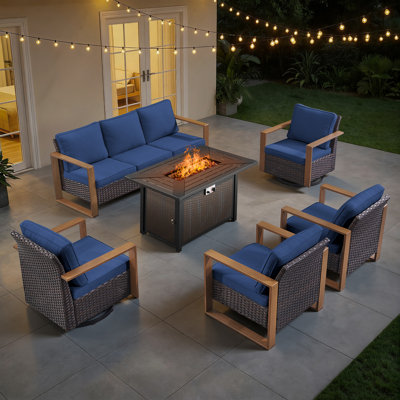 Ensemble de mobilier de patio pour 7 personnes avec table de foyer, ensemble de conversation en osier toutes saisons avec chaise et coussins épais Drazen