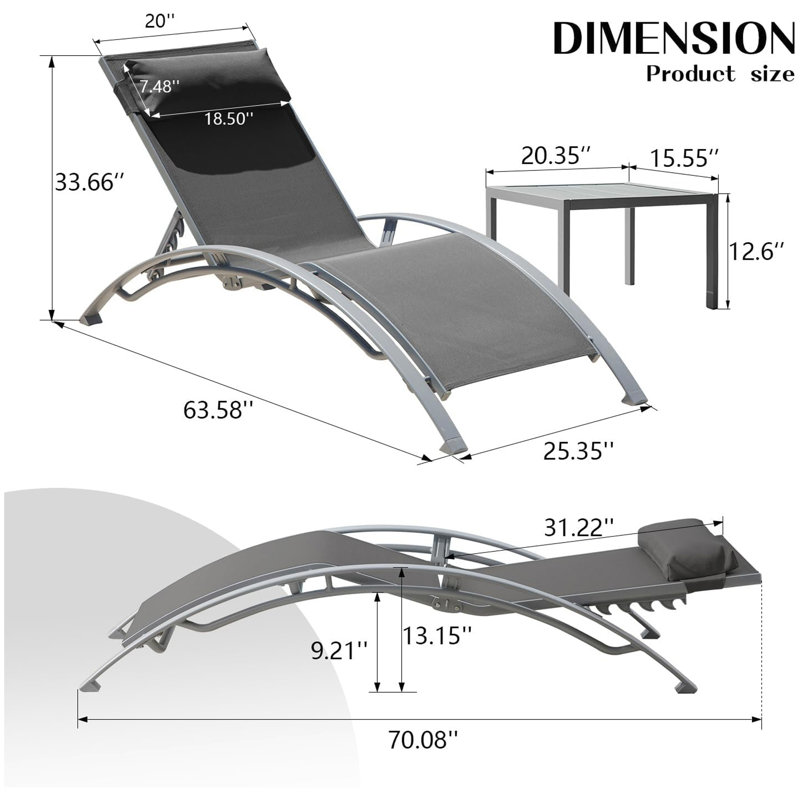 Ensemble de 3 chaises longues de piscine gris foncé (2 chaises longues + 1 table)