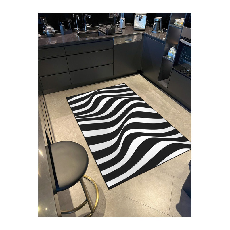 Tapis décoratif noir à motif ondulé lavable, Sous-tapis rectangulaire de 3 pi 3 po x 4 pi 11 po