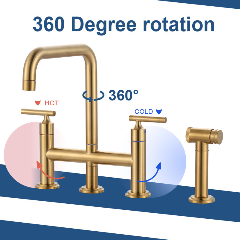 Brass 8" Deck Mount Bridge Kitchen Faucet With Brass Pull Out Side Sprayer, 4-Hole Double Handle Ktichen Faucet, Gold
