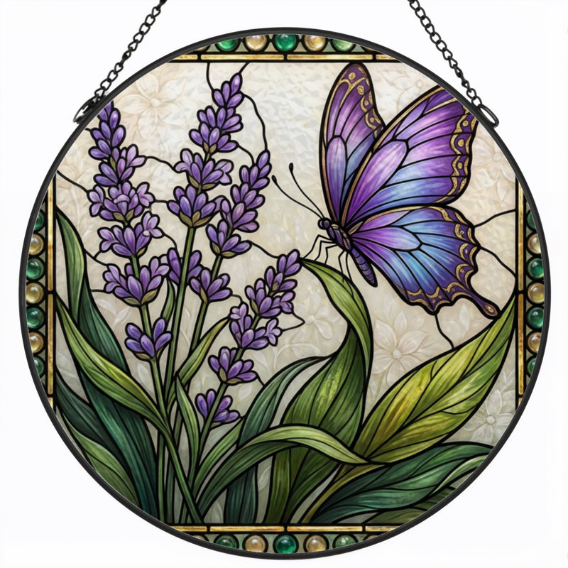 Panneau de vitrail en verre coloré lavande H 7,8 po