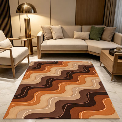 Tapis brun neutre à motif de vagues pour le salon, doux et confortable, convient à toutes les saisons, facile à entretenir, tapis de sol intérieur lavable à la machine, sous la table de ferme convenant à la chambre à coucher, à la salle à manger, au bureau, au patio, au balcon, à la maison