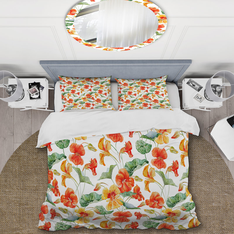 Fleurs orange et jaunes - Ensemble de housse de couette floral - Polyester microfibre