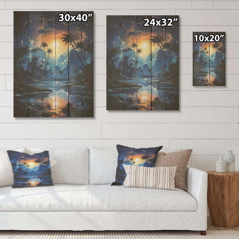 «Sapphire Solitude Palms By The Shore» - palmiers et palmiers, art sur bois de pin naturel, H 40 po x l 30 po