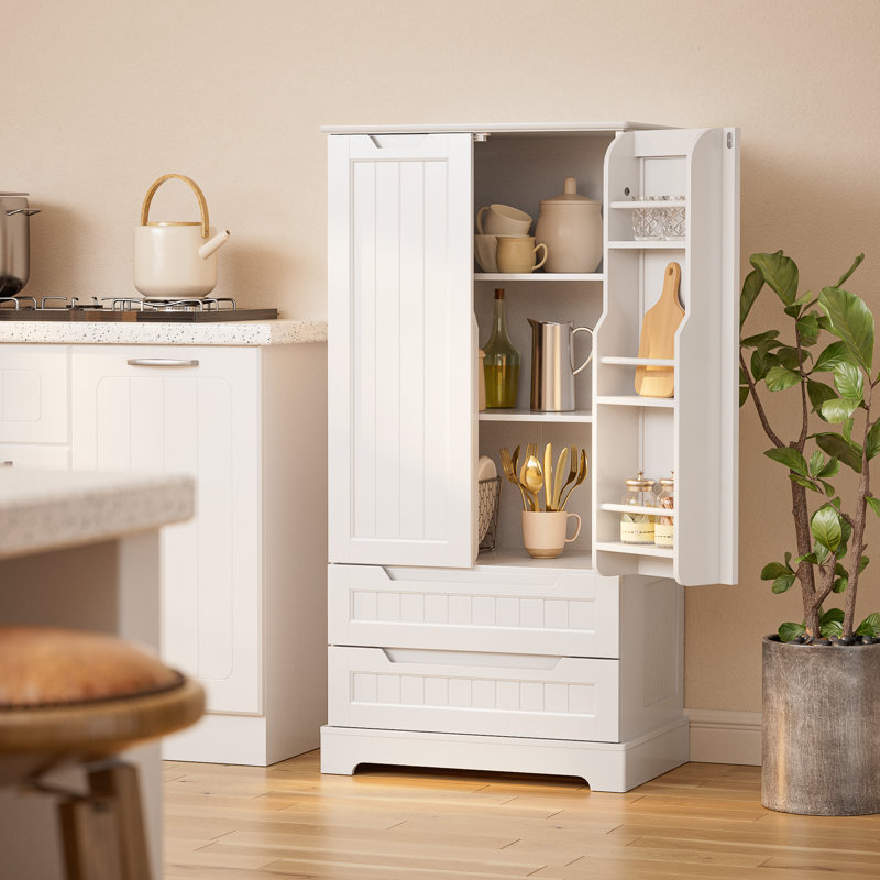 Bayview Elinna 47.2” Tall Kitchen Pantry with 2 Drawers, 3 Shelves, Handleless Design, Waterproof MDF Construction, White