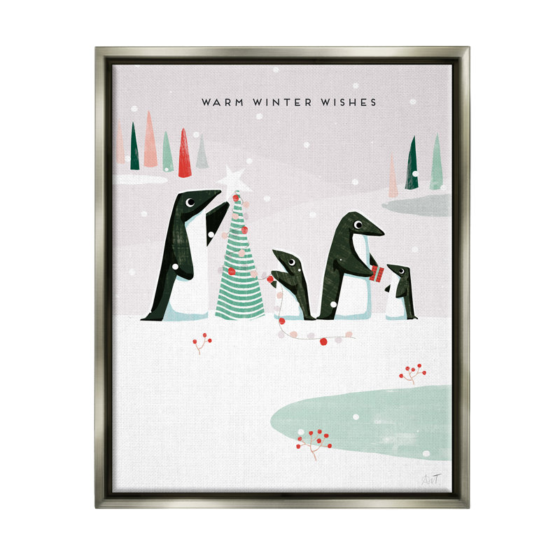 «Warm Winter Wishes Snowy Penguins» par Andrew Thornton, H 21 po x l 17 po x P 1,7 po, Cadre flottant gris lustré