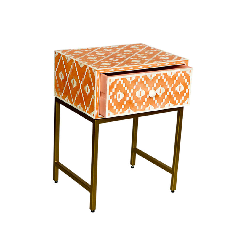 Table de chevet en résine à 1 tiroir Yollanda, Orange/brun