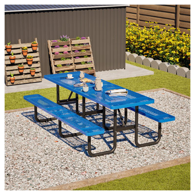 Table de pique-nique robuste en métal 96 po x 62,6 po pour l'extérieur, bleu