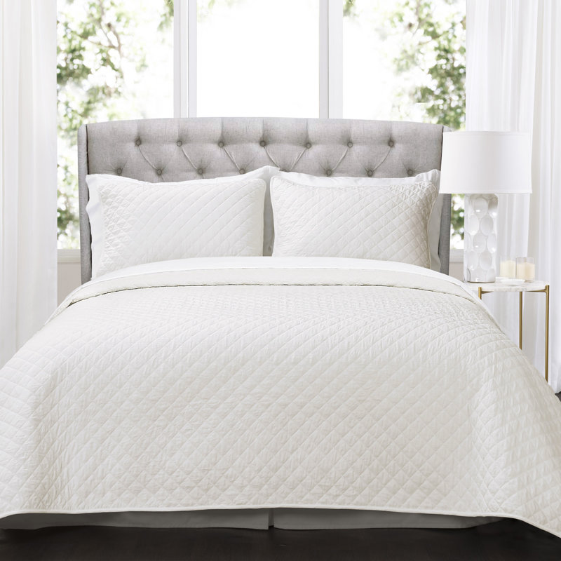 Ensemble de courtepointe en coton 3 pièces Ava, Courtepointe pour grand lit + 2 taies décoratives, Crème