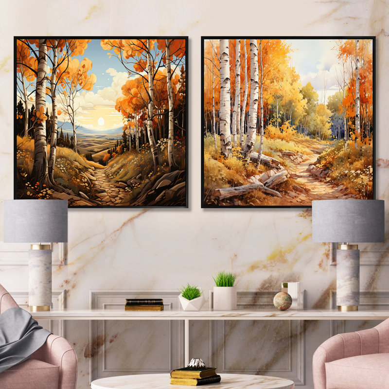 Birch Woods Mystic Moonlight - Ensemble de 2 paysages carrés, Cadre flottant noir, H 16 po x l 33 po