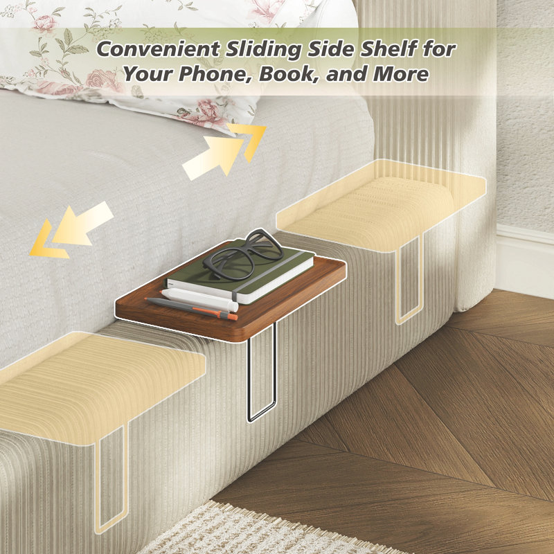 Cadre de lit plateforme rembourré California King avec étagères latérales coulissantes, matelas rembourré en velours côtelé avec mousse haute densité, cadre de lit à lattes métalliques à profil bas, aucun sommier requis, couleur crème.