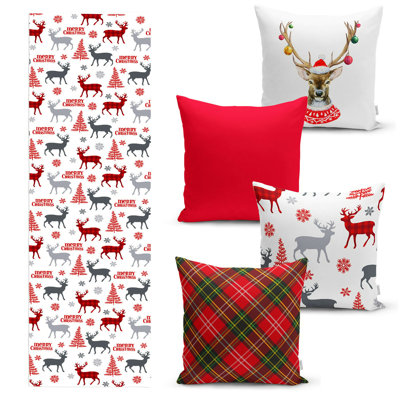 Christmas Table Runner and Throw Pillow Covers – Decorative 5-Piece Set for Dining or Living Room
