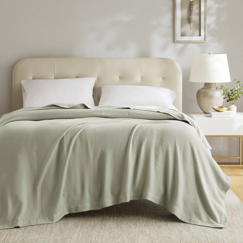 Couverture 100% coton égyptien certifié, Lit simple, Vert sauge