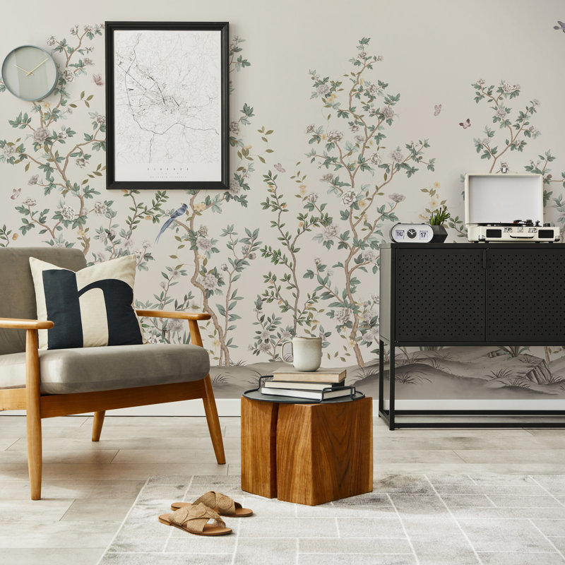 Papier peint floral peint à la main Whispering Blooms, L 110,04 po x l 163 po, Blanc