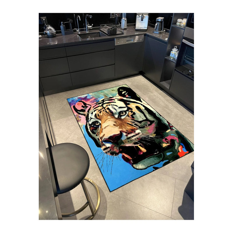 Tapis décoratif lavable animal dans les tons bleus, Rond 4 pi