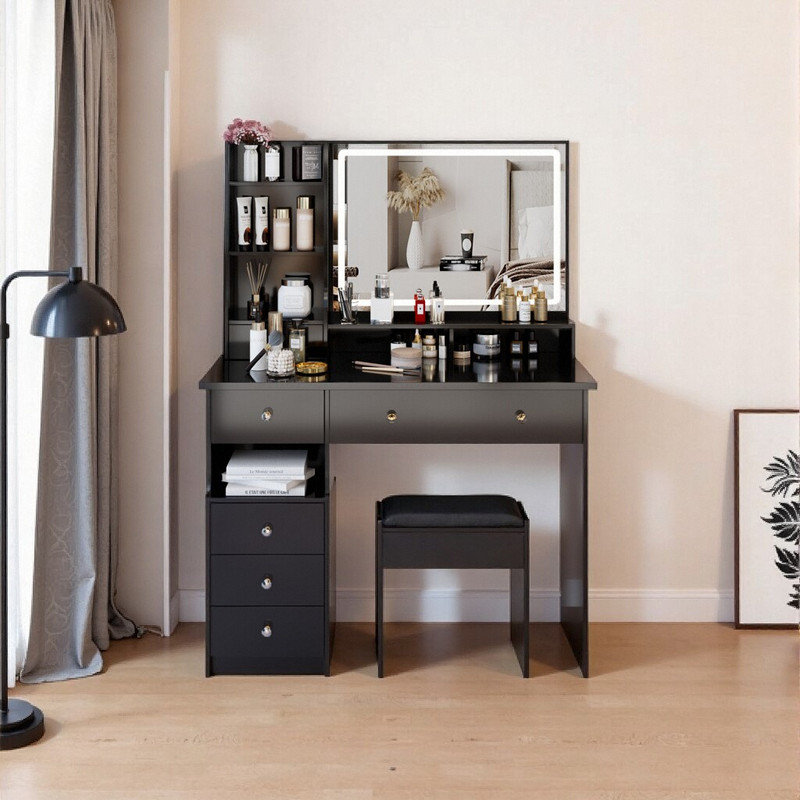 41" Modern Vanity Set With Cushioned Stool – Led Touch Mirror, 3-color Modes, Large Storage Drawers, Black
