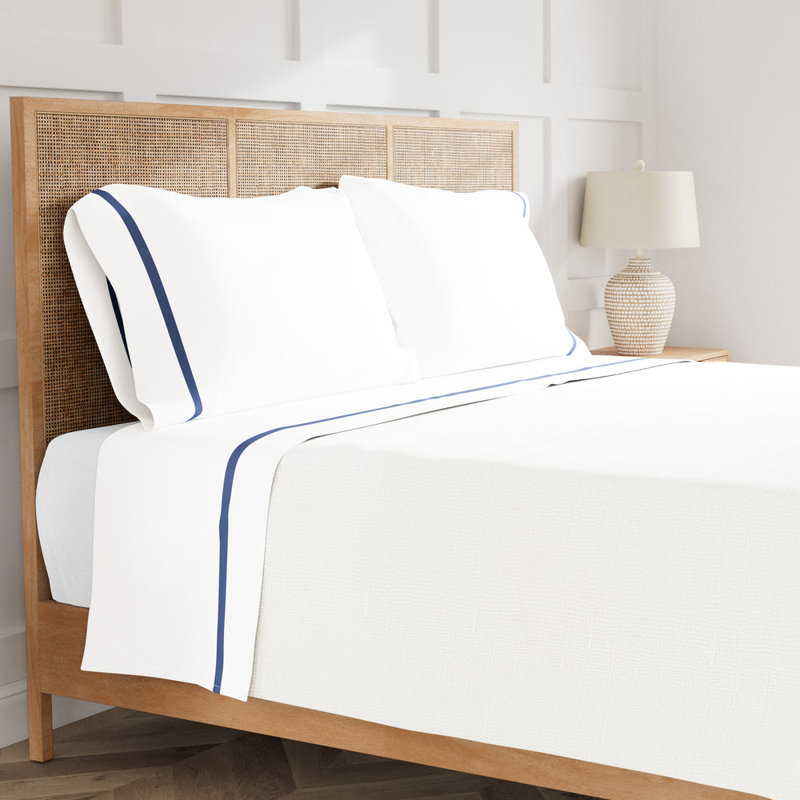 Ready-To-Bed 2.0 Cotton & Trim Sheet Set, White/Periwinkle, Queen Sheet Set with 2 Pillowcases