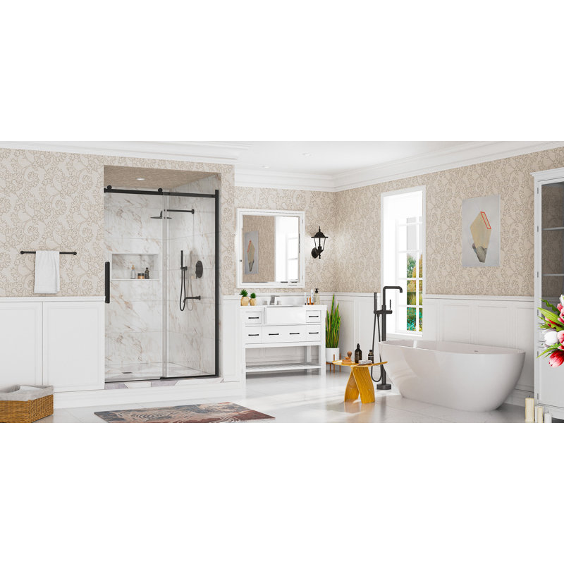 Étoile 44"-48" W x 76" H Frameless Single Sliding Shower Door with Soft-Closing and Clear Tempered Glass, Matte Black