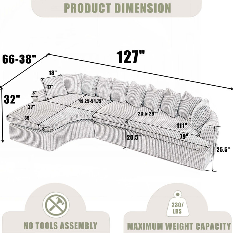 Grand canapé modulaire 127 po, Gris