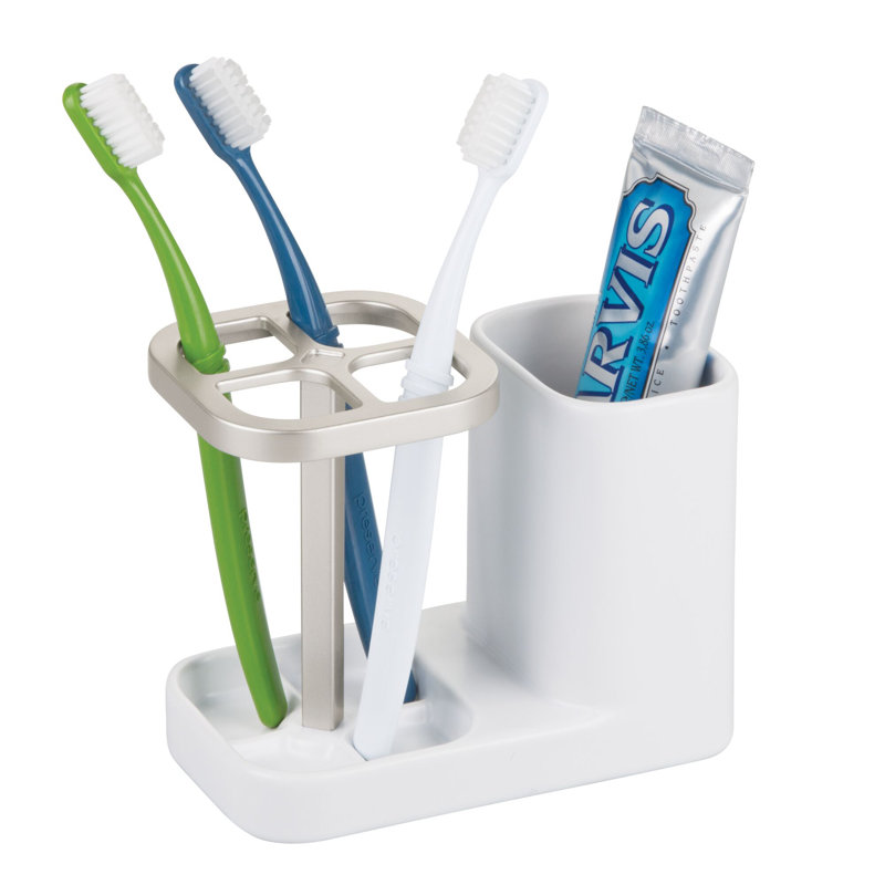 iDesign Ceramic Toothbrush and Toothpaste Holder for Bathroom  - Satin White/Nickel