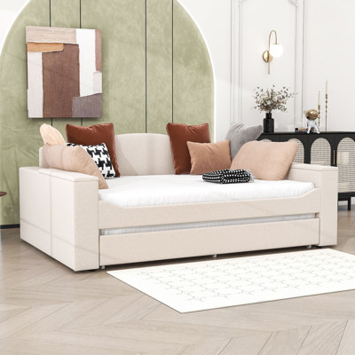 Lit de jour en bois rembourré avec système audio Bluetooth intégré, accoudoirs de rangement et lit gigogne