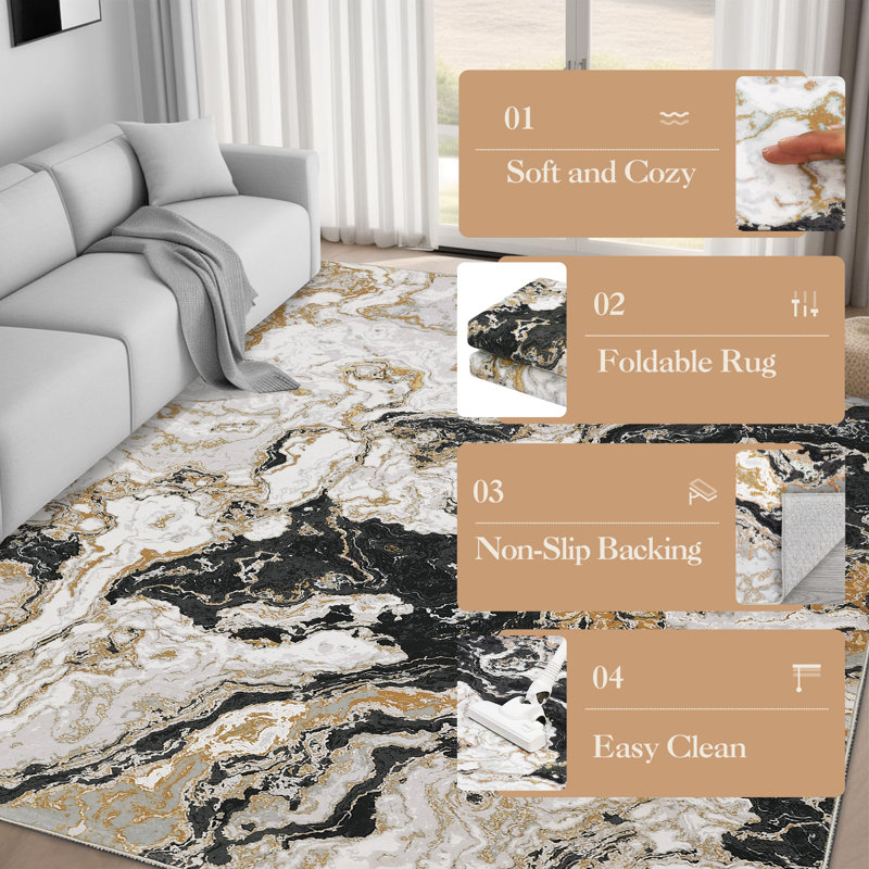 Washable marble-effect rug – modern, flat-woven and non-slip rug – easy to care for, stain-resistant & soft – ideal for living room, bedroom, kitchen, dining room or office – Boho style