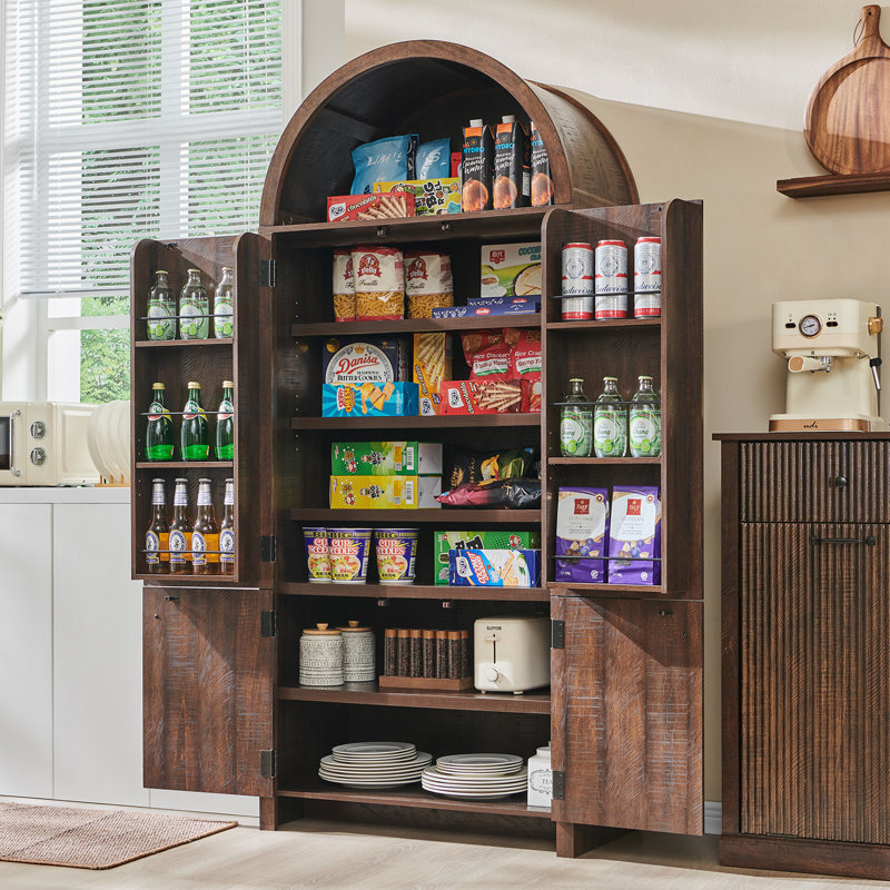 71" High Arched Kitchen Pantry, Modern Wooden Storage Cabinets with Door Slots, Equipped with Open Arched Shelves, Brown