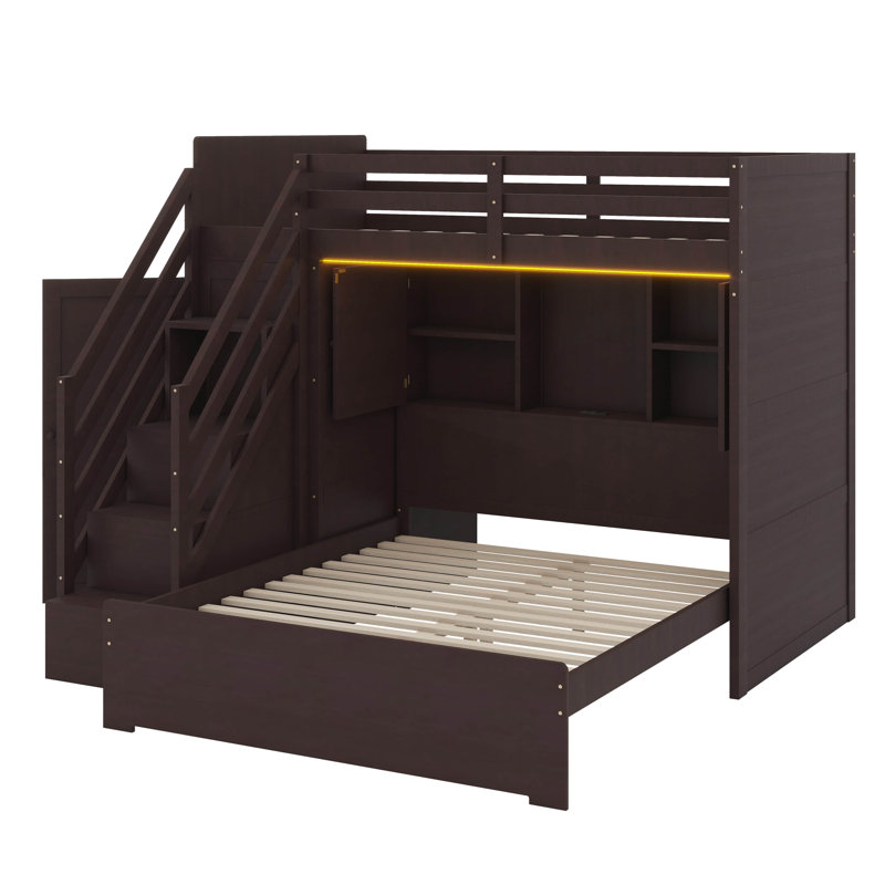 Twin-Over-Full Bunk Bed Featuring Storage Steps, Built-In Wardrobe, USB Ports & Lighting, Espresso