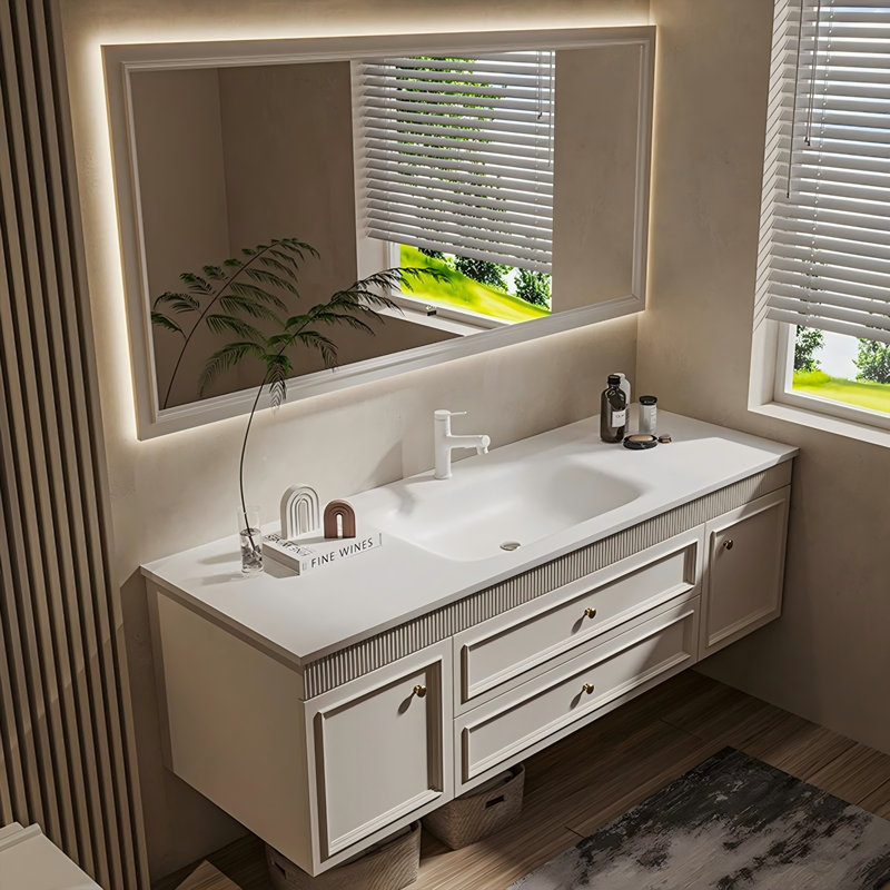 Meuble-lavabo de salle de bain moderne et minimaliste, lavabo intégré en pierre frittée cintrée à chaud, 2 tiroirs et 2 portes avec miroir intelligent