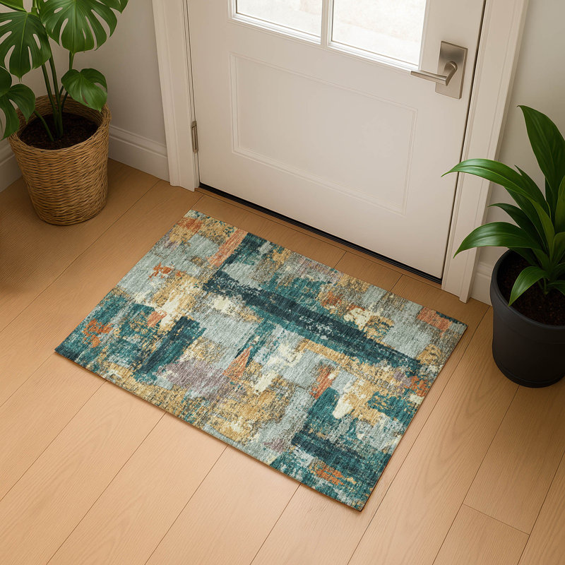 Premium Machine Washable Mayfield AMF2212 abstract Rug, Seafoam, 1'8" x 2'6"