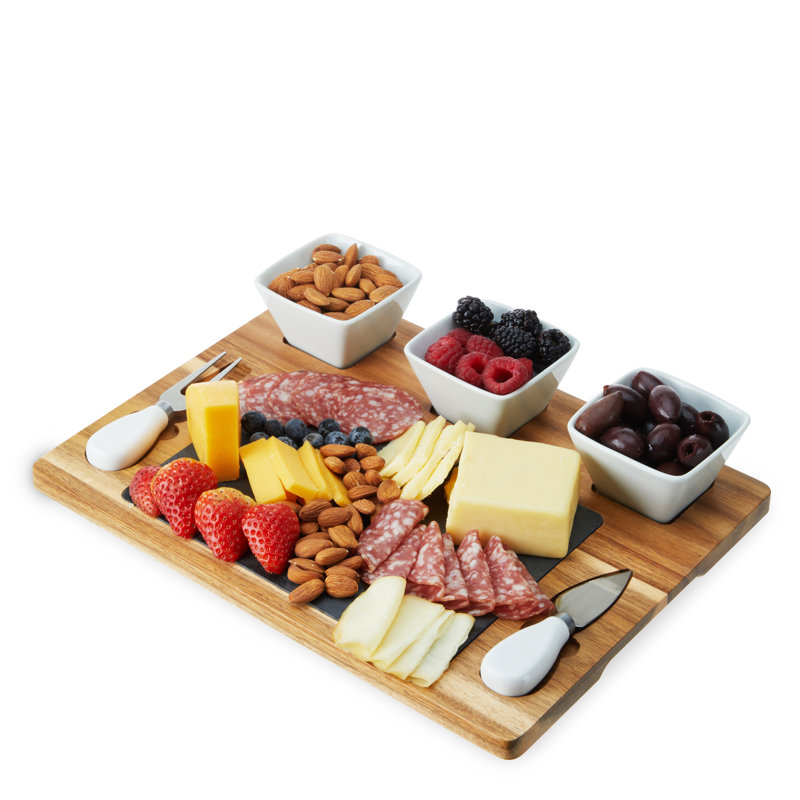 Ensemble de planches à fromage en bois d'acacia et ardoise avec bols en céramique