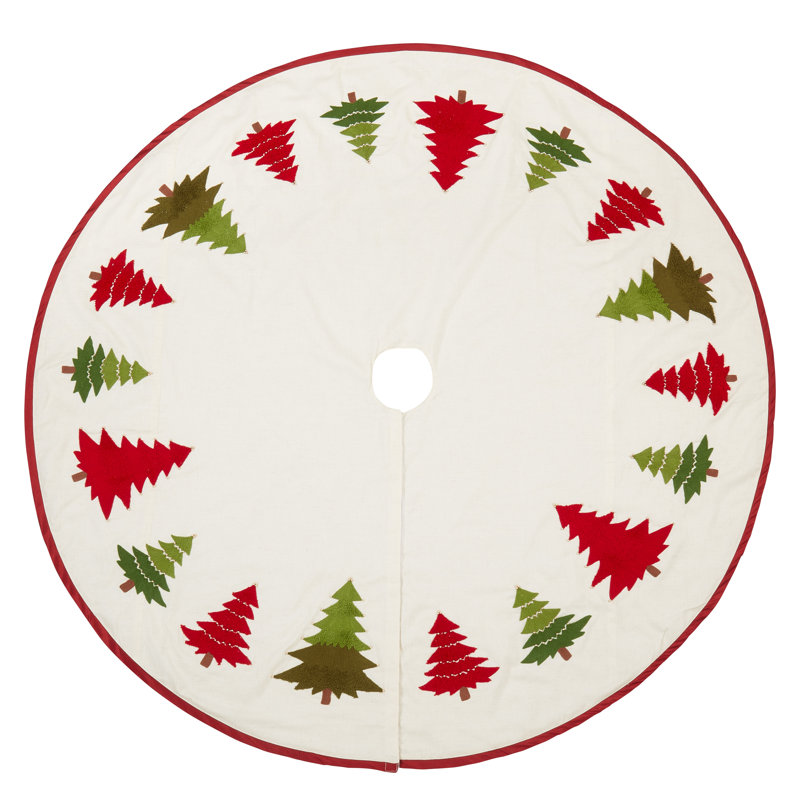 Holiday Pines Embroidered Cotton Tree Skirt in Red and Green