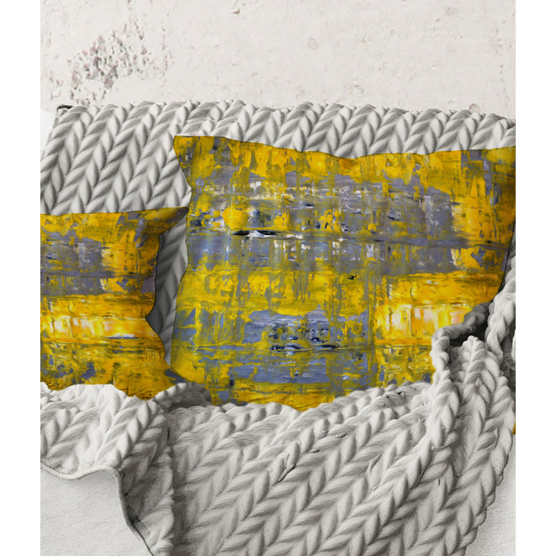 Square,Yellow Meets Grey Abstract Art I - Modern Printed Throw Pillow, 16" x 16"
