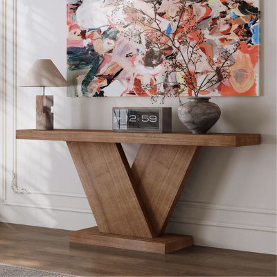 Console de style moderne à 66 pieds en X avec placage en bois massif, table de couloir d'entrée robuste pour les petits espaces, table de chevet étroite de style Mid-Century avec design géométrique et plateau large, noyer